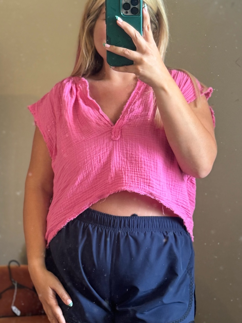 Cropped Pink Cotton V-Neck Top